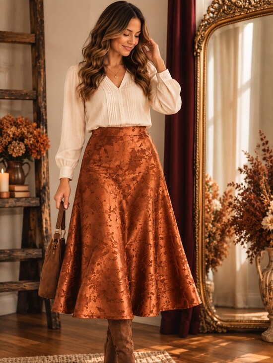 Altar'd State Dresses & Skirts - Copper Floral Damask A Line Midi Skirt Fall Romantic